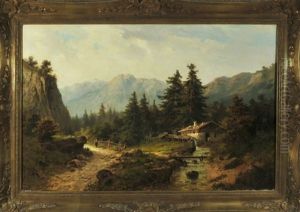 Romantische Gebirgslandschaft Mit Wanderer Am Bachlauf, Im Hintergrund Eine Hutte by Julius Lange
