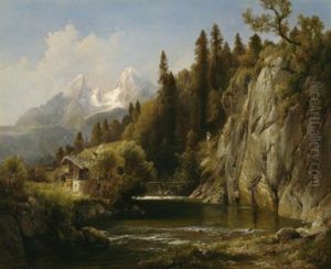Sommer Im Gebirge Mit Bauerngehoft Am Flus, Im Hintergrund Ein Gletschermassiv by Julius Lange