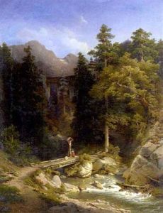 Betendes Madchen Vor Wegkreuz Auf Einer Brucke In Einer Gebirgslandschaft by Julius Lange