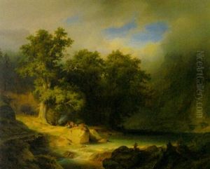 Waldlandschaft Mit Zigeunerlagern Unter Baumen Am Seeufer