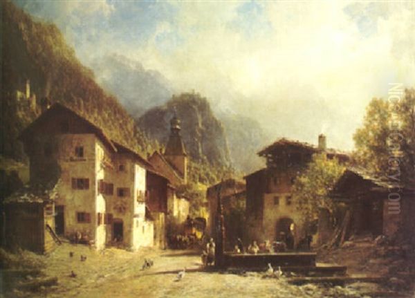 An Alpine Village Scene With The Arrival Of A Stagecoach And Figures By A Well With Mountains Beyond - view 1