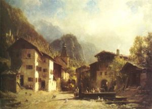 An Alpine Village Scene With The Arrival Of A Stagecoach And Figures By A Well With Mountains Beyond