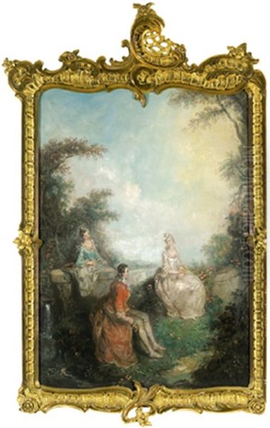 Ein Junger Kavalier Mit Zwei Damen In Einem Schlosspark (+ Ein Junger Kavalier Und Zwei Damen Mit Blumen; Pair) - view 1