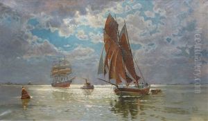 Fishing Cutter And Tall Ship Off Neuwerk