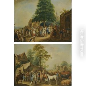 A Village Scene With A Livestock Fair And A Church In The Background (+ A Village Kermesse With Peasants Dancing; Smllr; Pair) by Dirk Langendyk