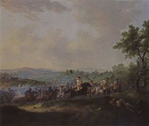A Cavalry Battle Scene In A Hilly Landscape With Troops Retreating by Dirk Langendyk