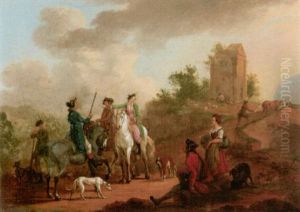 Landscape With Riders Conversing Near A Bridge by Dirk Langendyk