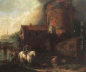Travellers Near A River And Farm Buildings by Dirk Langendyk