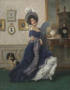 Vornehme Dame Mit Federhut Und Facher by Ludwig Von Langenmantel