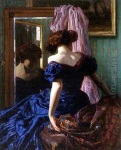 Dame In Blauem Kleid Vor Dem Spiegel