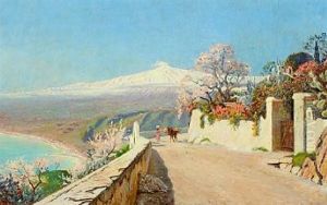 View Of Sicily With Mount Etna In The Background by Olaf Viggo Peter Langer