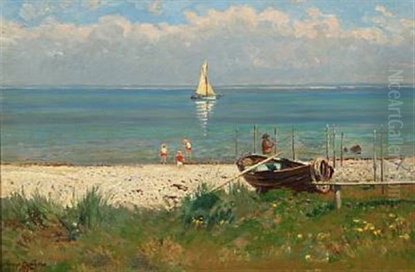 Paddling Children And Fisherman By The Sea - view 1