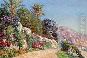 Southern Mountain Landscape With Colorful Flowers And Palms (menton, France?)