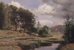 Idyllische Weidelandschaft Mit Huterkind Und Kuhen An Malerischem Teich Mit Busch- Und Baumwerk