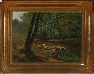 Forrest Scenery With Water Lilies On The Lake by Olaf Viggo Peter Langer