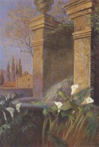 Fritvoksende Hvide Liljer Ved En Fontaene I Italien by Olaf Viggo Peter Langer