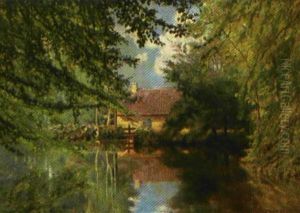 Skovso Med Gult Hus I Baggrunden, Sommer Skovso Med Gult Hus I Baggrunden, Sommer