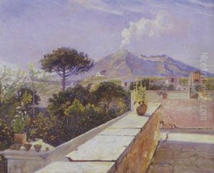 Blomstrende Traeer Og Potteplanter Pa Terrasse I Pompei I Baggrunden Vesuv