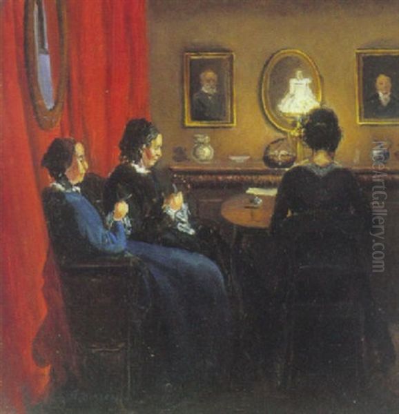 Interior Med To Strikkende Damer Og En Dame Siddende Ved Et Bord Med Ryggen Til, Lampelys, Fra Kunstnerens Barndomshjem - view 1