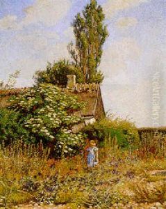 Landskab Med Lille Pige Der Plukker Blomster Landskab Med Lille Pige Der Plukker Blomster