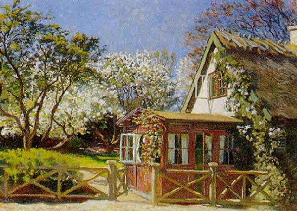 Blomstrende Frugttraeer Ved Et Strataekt Hus - view 1