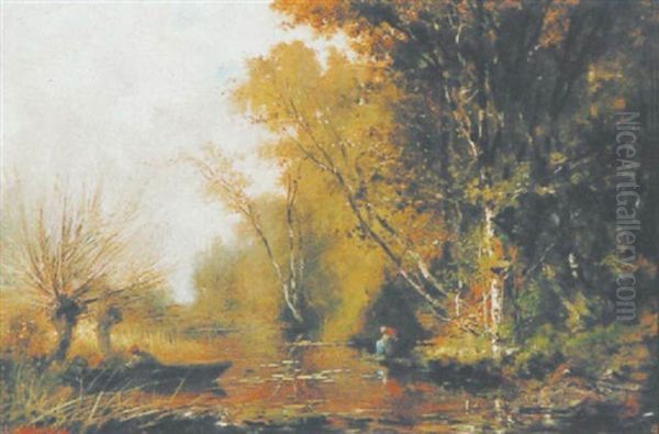 Baumreiche Flusslandschaft Mit Boot Und Wascherin - view 1