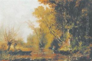 Baumreiche Flusslandschaft Mit Boot Und Wascherin Baumreiche Flusslandschaft Mit Boot Und Wascherin