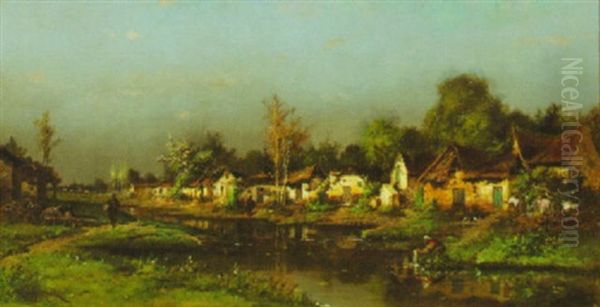 A Bustling Country Village On A Stream, Storm In The Distance - view 1