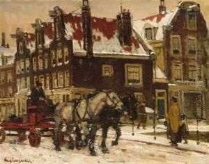 A Horse Drawn Cart On A Bridge In Wintry Amsterdam by Frans Langeveld