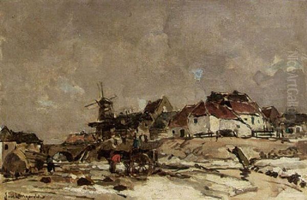 A View Of A Village With A Mill In Winter Time - view 1