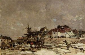 A View Of A Village With A Mill In Winter Time by Frans Langeveld