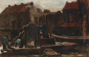 Men Working A Dredging Machine by Frans Langeveld