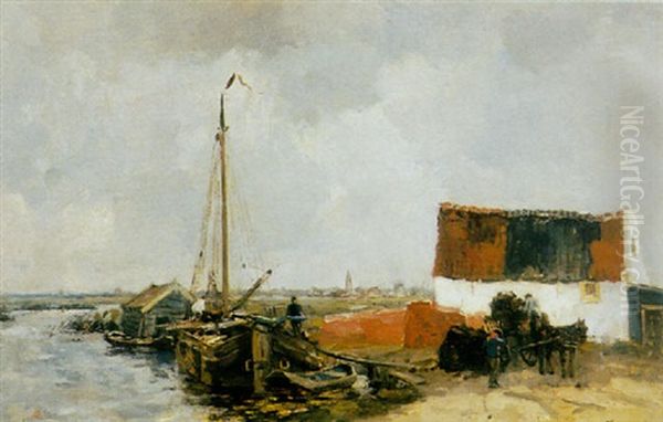 A Moored Boat In A Polder Landscape, The Village Of Rehnen In The Background - view 1