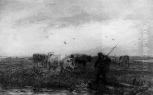 A Farmer With Cows In A Polder Landscape