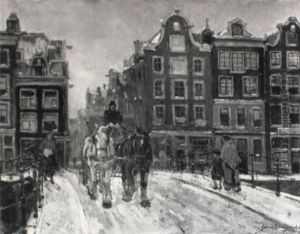 A Horse-drawn Carriage On A Snowy Bridge, Amsterdam by Frans Langeveld