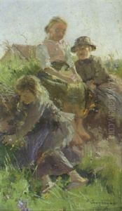 Bauernkinder Am Sonnigen Wiesenhang by Arthur Langhammer