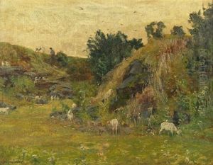 Landschaft Mit Einem Hirten Und Weidenden Ziegen (+ Blick Auf Idyllischen Dorfteich Mit Enten; 2 Works) by Karl Langhammer