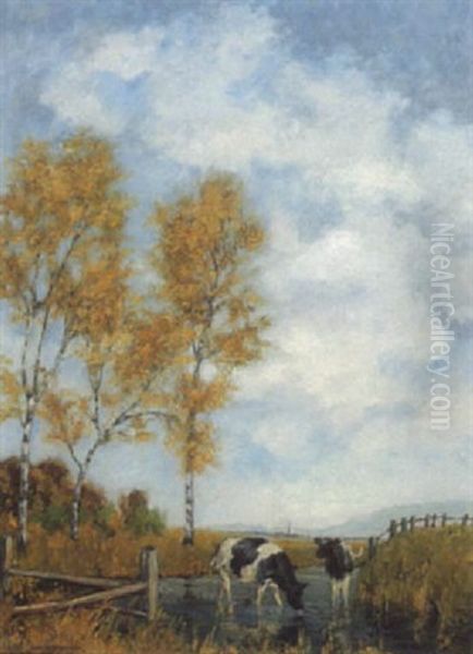 Herbstlandschaft Mit Kuhen Im Bach - view 1