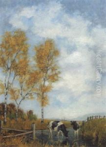 Herbstlandschaft Mit Kuhen Im Bach