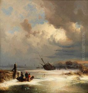Vereiste Flusslandschaft Mit Figuren Und Schiff by Dietrich Langko