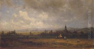 Dorf In Sommerlicher Landschaft Mit Heraufziehenden Regenwolken Dorf In Sommerlicher Landschaft Mit Heraufziehenden Regenwolken