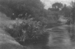 Waldlandschaft Mit Maler An Verschilftem Flusufer Waldlandschaft Mit Maler An Verschilftem Flusufer