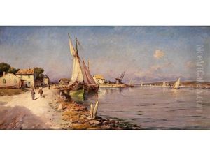 Sudliche Hafenbucht Mit Anliegenden Segelbooten, Bauerlichen Ufergebauden Sowie Figurenstaffage by Joseph Langl
