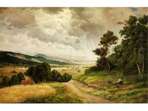 Grosse Flusslandschaft Mit Aufgelichteten Wolken Und Heuernte Im Mittelgrund