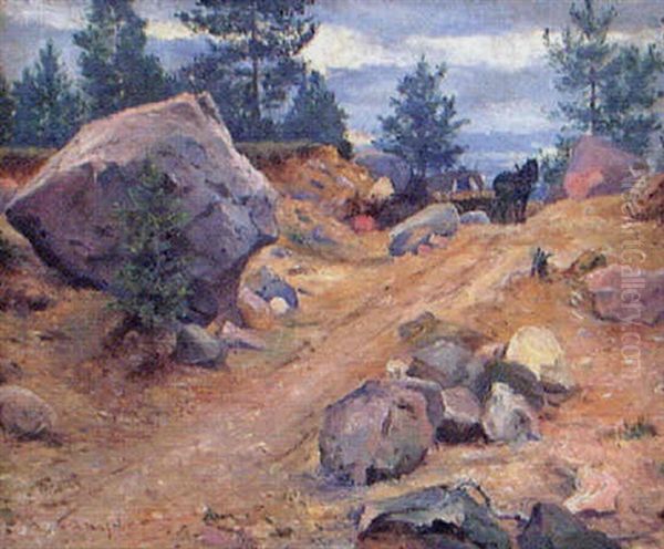 Hast Med Vagn I Stenig Skogsterrang - view 1