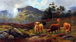 Cattle In Highland Landscape by William Langley