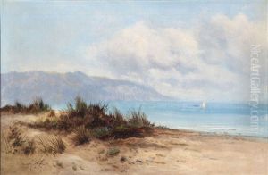 Coastal Scene With Dunes, Mountains And A Ship At The Sea Coastal Scene With Dunes, Mountains And A Ship At The Sea