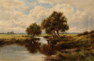 Cows Watering At A Stream by William Langley