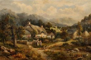 Thatched Cottage With Children Feeding Chickens
