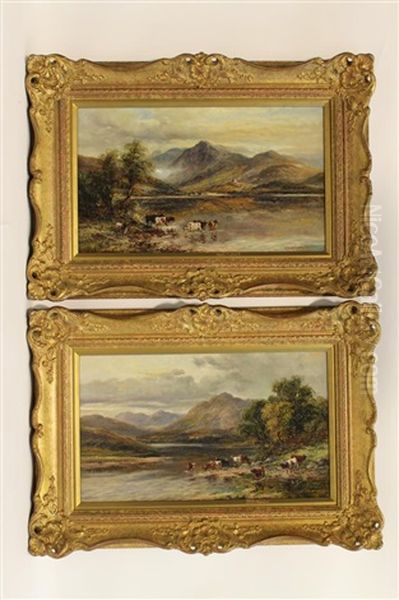 Mountain Scene With Cattle Watering In The Foreground (pair) - view 1